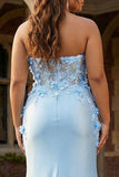 Mermaid Sky Blue Sweetheart Corset Satin Ruched Plus Size Long Prom Dress with 3D Flowers