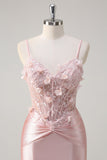 Pink Mermaid Spaghetti Straps Corset Flowers Satin Long Prom Dress
