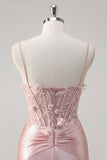 Pink Mermaid Spaghetti Straps Corset Flowers Satin Long Prom Dress