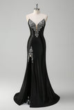 Black Mermaid Strapless V Neck Long Prom Dress with Beading