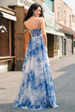 White Blue Flower A Line Spaghetti Straps Ruched Corset Long Prom Dress With Slit