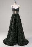 Elegant Black A Line Sheer Corset 3D Floral Prom Dress with Slit