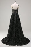 Elegant Black A Line Sheer Corset 3D Floral Prom Dress with Slit