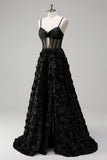 Elegant Black A Line Sheer Corset 3D Floral Prom Dress with Slit