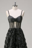 Elegant Black A Line Sheer Corset 3D Floral Prom Dress with Slit