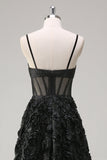 Elegant Black A Line Sheer Corset 3D Floral Prom Dress with Slit