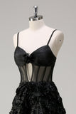 Elegant Black A Line Sheer Corset 3D Floral Prom Dress with Slit