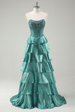 Peacock Green Tiered Ruffles Strapless Long Prom Dress with Beading