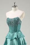 Peacock Green Tiered Ruffles Strapless Long Prom Dress with Beading