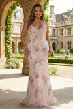 Mermaid Pink Sequin Floral Plus Size Long Prom Dress