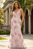 Mermaid Pink Sequin Floral Plus Size Long Prom Dress
