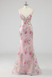 Pink Mermaid Spaghetti Straps Sequins Long Prom Dress with Appliques