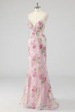 Pink Mermaid Spaghetti Straps Sequins Long Prom Dress with Appliques