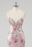 Pink Mermaid Spaghetti Straps Sequins Long Prom Dress with Appliques