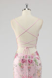 Pink Mermaid Spaghetti Straps Sequins Long Prom Dress with Appliques