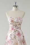 Sparkly Pink Strapless A-Line Sequin Floral Long Prom Dress