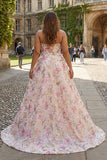 Pink Strapless A-Line Sequin Floral Plus Size Long Prom Dress