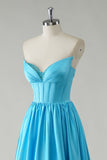Sparkly Blue A-Line Sequin Strapless Corset Long Prom Dress