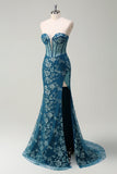 Sparkly Peacock Blue Strapless Corset Long Mermaid Prom Dress with Slit