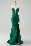 Green Mermaid Strapless Corset Sequin Long Prom Dress with Slit