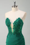 Green Mermaid Strapless Corset Sequin Long Prom Dress with Slit