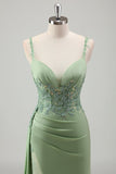 Sparkly Light Green Mermaid Appliqued Long Prom Dress with Slit
