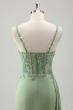 Sparkly Light Green Mermaid Appliqued Long Prom Dress with Slit
