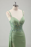 Sparkly Light Green Mermaid Appliqued Long Prom Dress with Slit