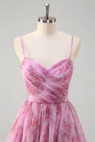 Pinkish Purple A-Line Spaghetti Straps Floral Long Prom Dress with Slit