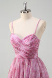 Pinkish Purple A-Line Spaghetti Straps Floral Long Prom Dress with Slit