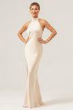 Champagne Sheath Halter Backless Long Satin Bridesmaid Dress with Slit