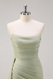 Sage Mermaid Strapless Ruched Side Overskirt Bridesmaid Dress with Slit
