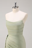 Sage Mermaid Strapless Ruched Side Overskirt Bridesmaid Dress with Slit