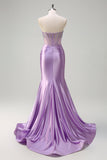 Mermaid Strapless Sheer Corset Lilac Long Prom Dress with Beading
