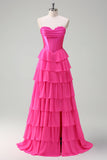 Yellow A Line Strapless Corset Tiered Prom Dress with Ruffles