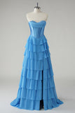 Blue A Line Sweetheart Ruffled Corset Long Prom Dress with Slit