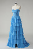 Blue A Line Sweetheart Ruffled Corset Long Prom Dress with Slit