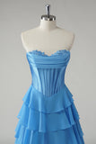 Blue A Line Sweetheart Ruffled Corset Long Prom Dress with Slit