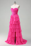 Yellow A Line Strapless Corset Tiered Prom Dress with Ruffles