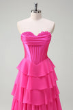 Yellow A Line Strapless Corset Tiered Prom Dress with Ruffles