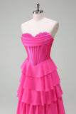 Yellow A Line Strapless Corset Tiered Prom Dress with Ruffles