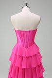 Yellow A Line Strapless Corset Tiered Prom Dress with Ruffles