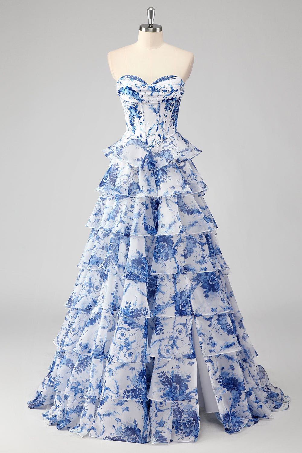 Blue White Flower Sweetheart Tiered A-Line Long Prom Dress with Slit Blue White Flower Sweetheart Tiered A-Line Long Prom Dress with Slit