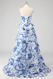 Blush Floral Strapless A Line Corset Tiered Long Prom Dress with Slit