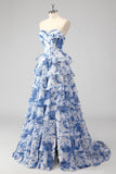 Blush Floral Strapless A Line Corset Tiered Long Prom Dress with Slit