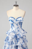 Blush Floral Strapless A Line Corset Tiered Long Prom Dress with Slit
