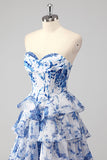 Blush Floral Strapless A Line Corset Tiered Long Prom Dress with Slit