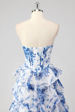 Blue White Flower Sweetheart Tiered A-Line Long Prom Dress with Slit
