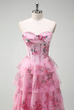 Blush Floral Strapless A Line Corset Tiered Long Prom Dress with Slit