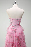 Blush Floral Strapless A Line Corset Tiered Long Prom Dress with Slit
